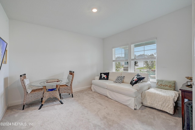 carpeted living area with baseboards