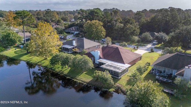 aerial view featuring a water view