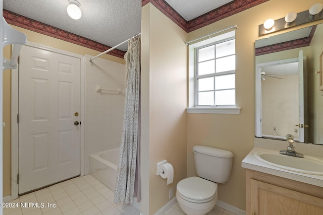 full bathroom with toilet, tile patterned flooring, vanity, a textured ceiling, and shower / bathtub combination with curtain