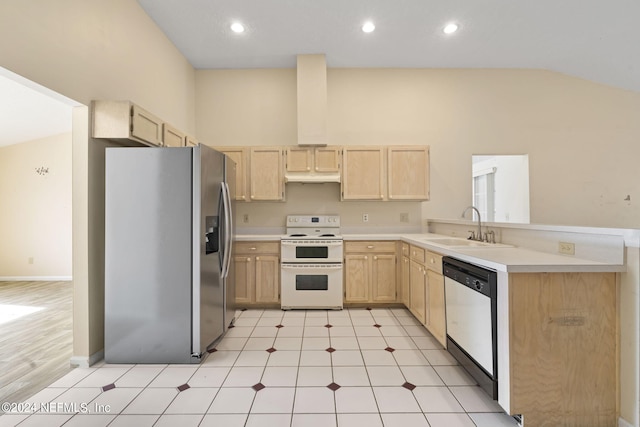 kitchen featuring sink, dishwashing machine, white electric range, light brown cabinets, and stainless steel refrigerator with ice dispenser