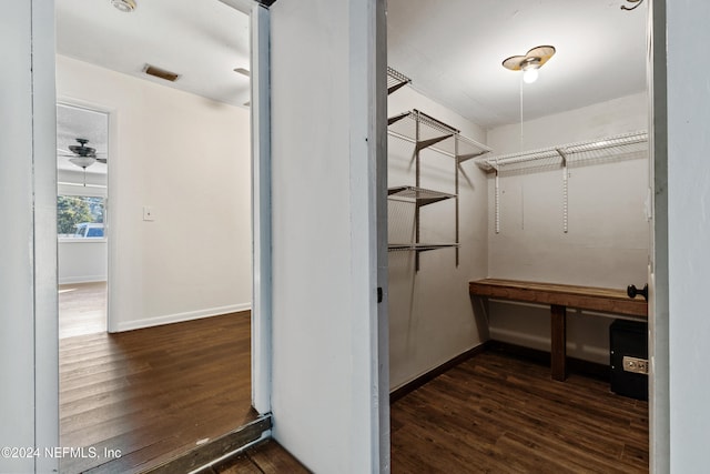 spacious closet featuring dark wood-type flooring and ceiling fan