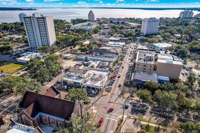 bird's eye view with a water view