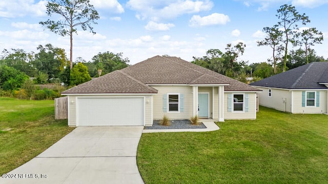 ranch-style house with a front lawn and a garage