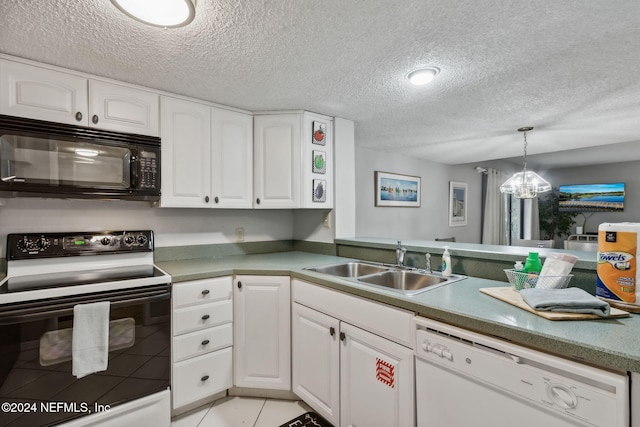 kitchen featuring sink, white cabinets, a textured ceiling, and white appliances