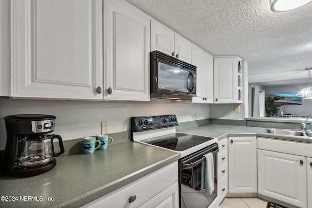 kitchen with white cabinetry, stainless steel electric range, a textured ceiling, and sink