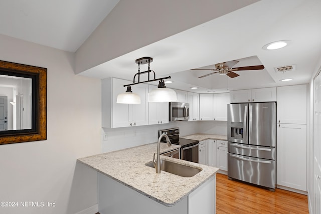 kitchen with visible vents, a peninsula, a sink, stainless steel appliances, and white cabinetry