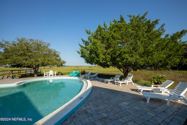 view of swimming pool with a fenced in pool and a patio