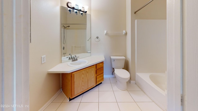 full bathroom with toilet, vanity,  shower combination, and tile patterned floors