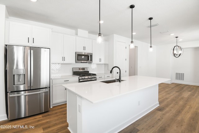 kitchen featuring a kitchen island with sink, sink, white cabinets, and appliances with stainless steel finishes