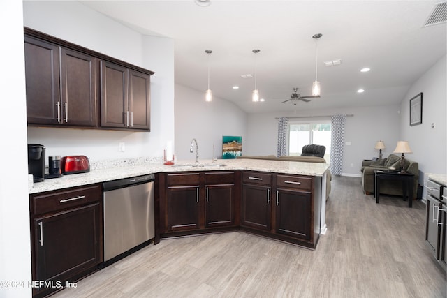 kitchen featuring pendant lighting, dark brown cabinetry, sink, and stainless steel dishwasher