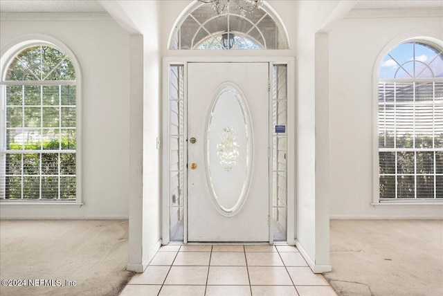 entrance foyer featuring a textured ceiling, light colored carpet, and plenty of natural light