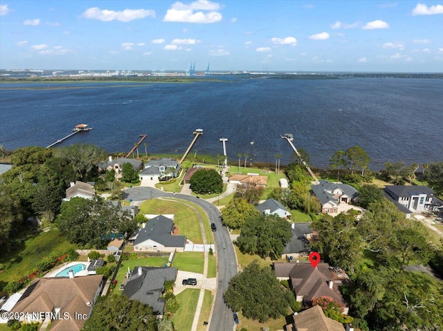 drone / aerial view featuring a water view