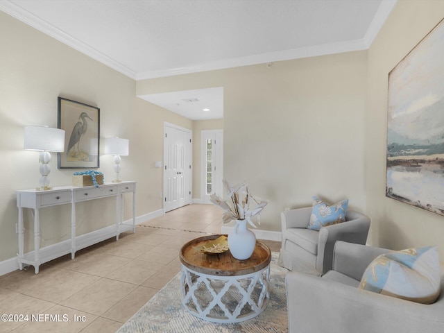 living room with crown molding and light tile patterned floors