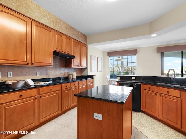 415 N Ocean Grande Dr Unit 102, Ponte Vedra Beach, FL 32082 - kitchen with black appliances, light tile patterned flooring, sink, a kitchen island, and dark stone counters