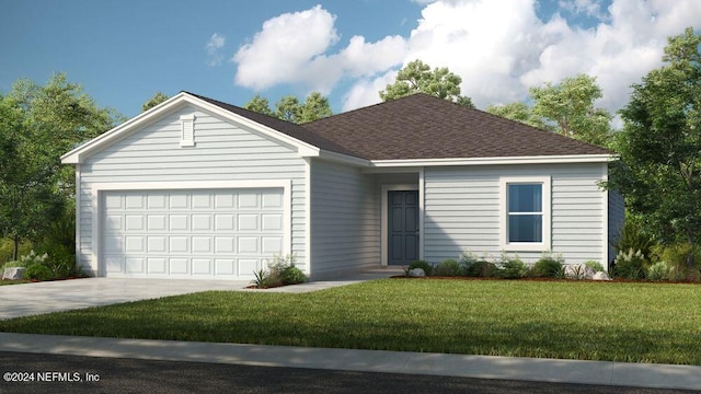 ranch-style house featuring a front lawn and a garage