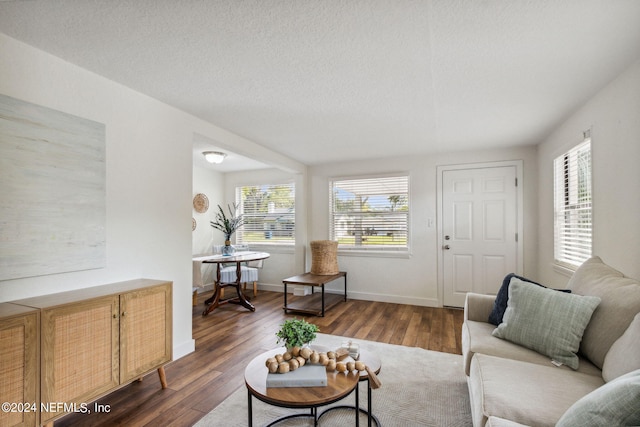 living room with a textured ceiling and dark wood-type flooring