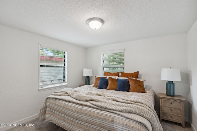 bedroom featuring carpet, a textured ceiling, and multiple windows