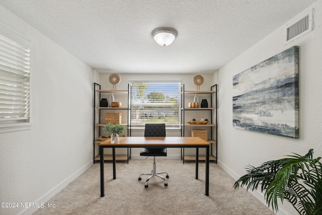 office featuring light colored carpet and a textured ceiling