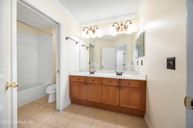 full bathroom featuring vanity, toilet, ornamental molding, and tile patterned flooring