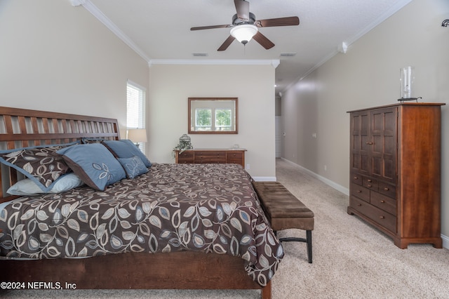 bedroom featuring light colored carpet, a ceiling fan, baseboards, visible vents, and ornamental molding