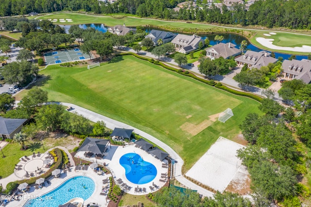 birds eye view of property featuring a water view, a residential view, and golf course view