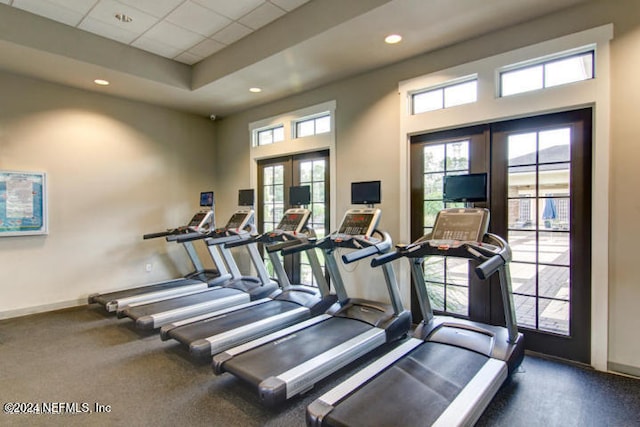 workout area with french doors, a drop ceiling, plenty of natural light, and baseboards