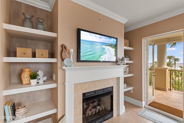 tiled living room with ornamental molding, a textured ceiling, and a fireplace