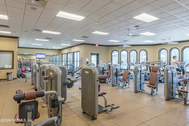 workout area featuring ornamental molding, a drop ceiling, and ceiling fan