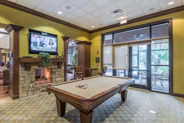 recreation room with a drop ceiling, ornamental molding, billiards, and ornate columns