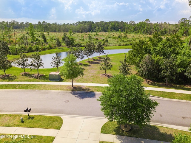 view of community featuring a water view and a lawn