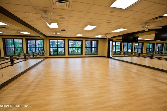 workout room featuring a paneled ceiling, light wood-type flooring, and a wealth of natural light