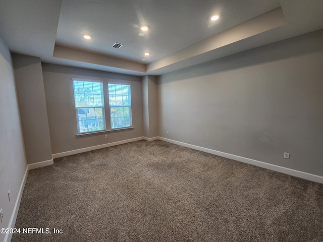 carpeted empty room with a raised ceiling