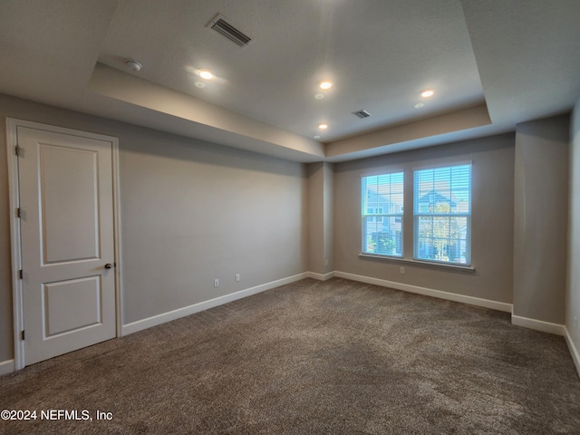 spare room with a tray ceiling and carpet flooring