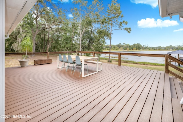 wooden deck with a water view