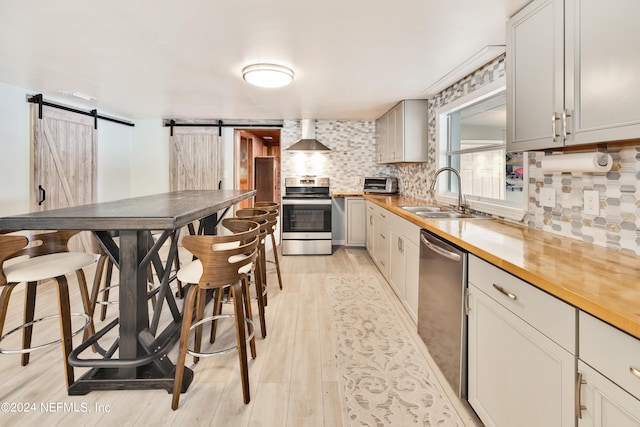 kitchen featuring tasteful backsplash, appliances with stainless steel finishes, sink, a barn door, and light hardwood / wood-style flooring