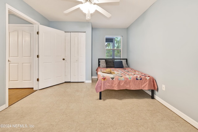 bedroom featuring a closet, ceiling fan, and light wood-type flooring