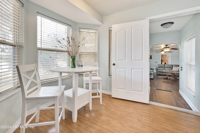 dining area with light wood-type flooring, a healthy amount of sunlight, and ceiling fan