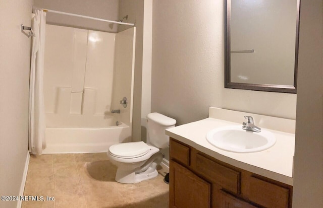 full bathroom with toilet, shower / bath combo with shower curtain, vanity, and tile patterned flooring