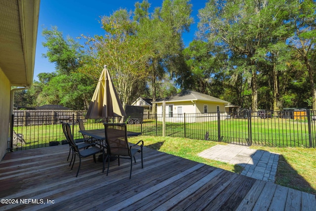 wooden terrace featuring a yard