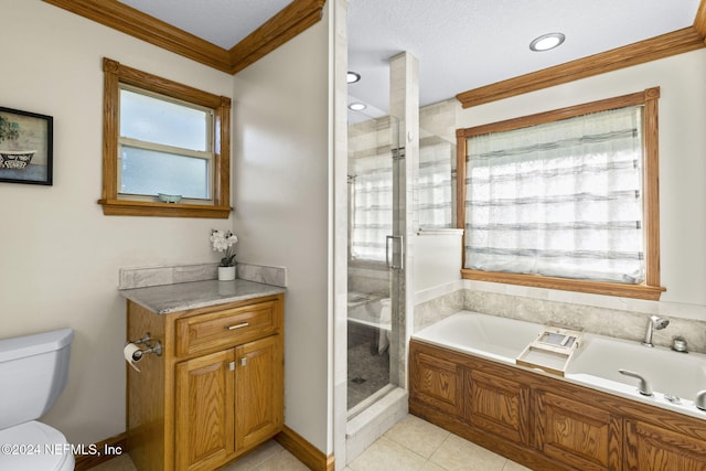 full bathroom with tile patterned flooring, toilet, ornamental molding, a shower stall, and a bath