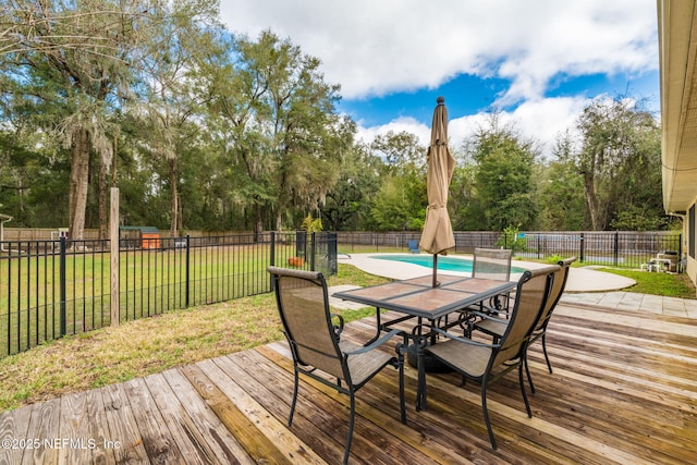 deck with a yard, a fenced backyard, and a fenced in pool