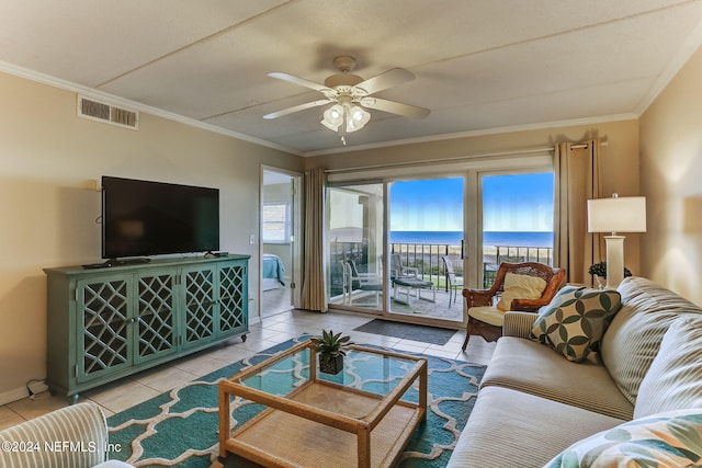 3350 S Fletcher Ave Unit J1, Fernandina Beach, FL 32034 - living area featuring ornamental molding, light tile patterned floors, visible vents, and ceiling fan