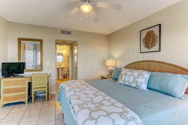 3350 S Fletcher Ave Unit J1, Fernandina Beach, FL 32034 - bedroom featuring a sink, ensuite bathroom, visible vents, ceiling fan, and light tile patterned floors