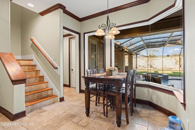 dining room with lofted ceiling, crown molding, and an inviting chandelier