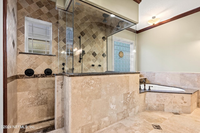 bathroom with plus walk in shower and crown molding