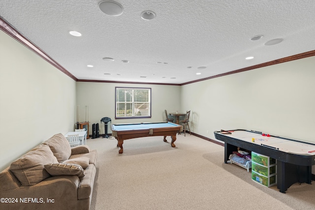 rec room with carpet, ornamental molding, a textured ceiling, and pool table