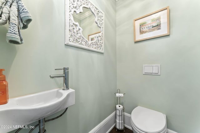 bathroom featuring ornamental molding, sink, and toilet