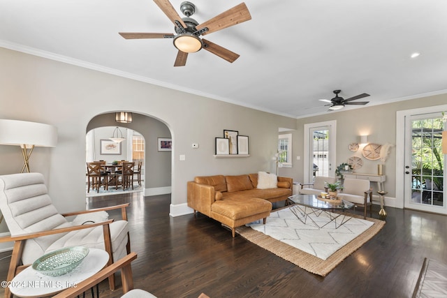 living room featuring dark hardwood / wood-style floors, crown molding, and ceiling fan