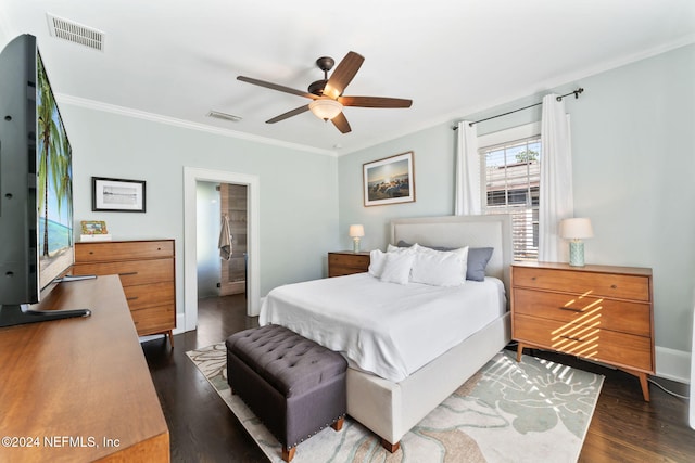 bedroom featuring ornamental molding, ceiling fan, and dark hardwood / wood-style floors