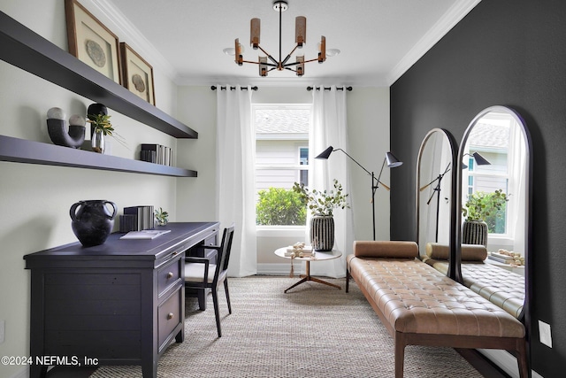 carpeted home office with ornamental molding, an inviting chandelier, and plenty of natural light